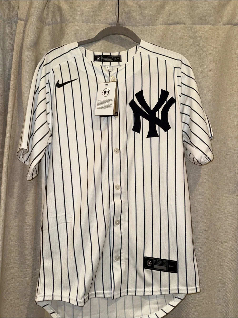 Nike White and Navy Pinstripe Baseball Jersey